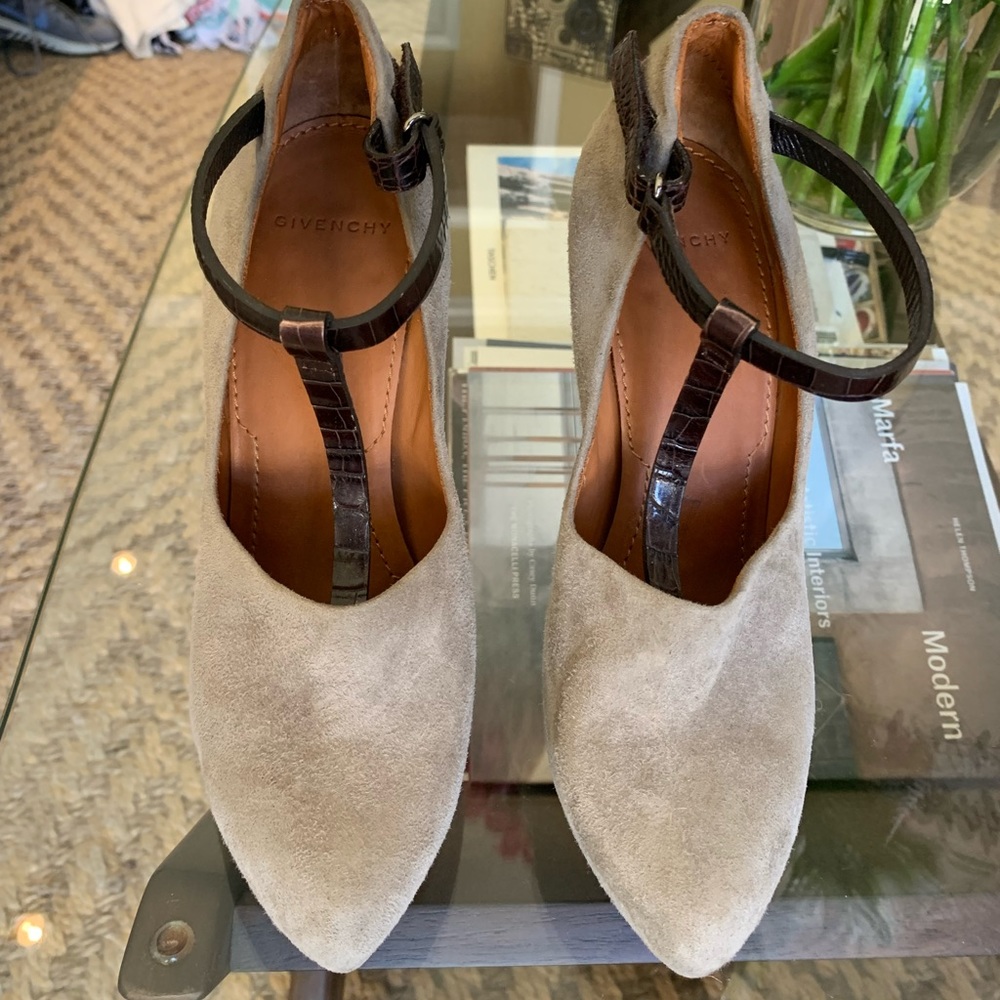 Lightly Used Givenchy T-Strap Heels w/ Croc Strap - Size 38 - Light Gray